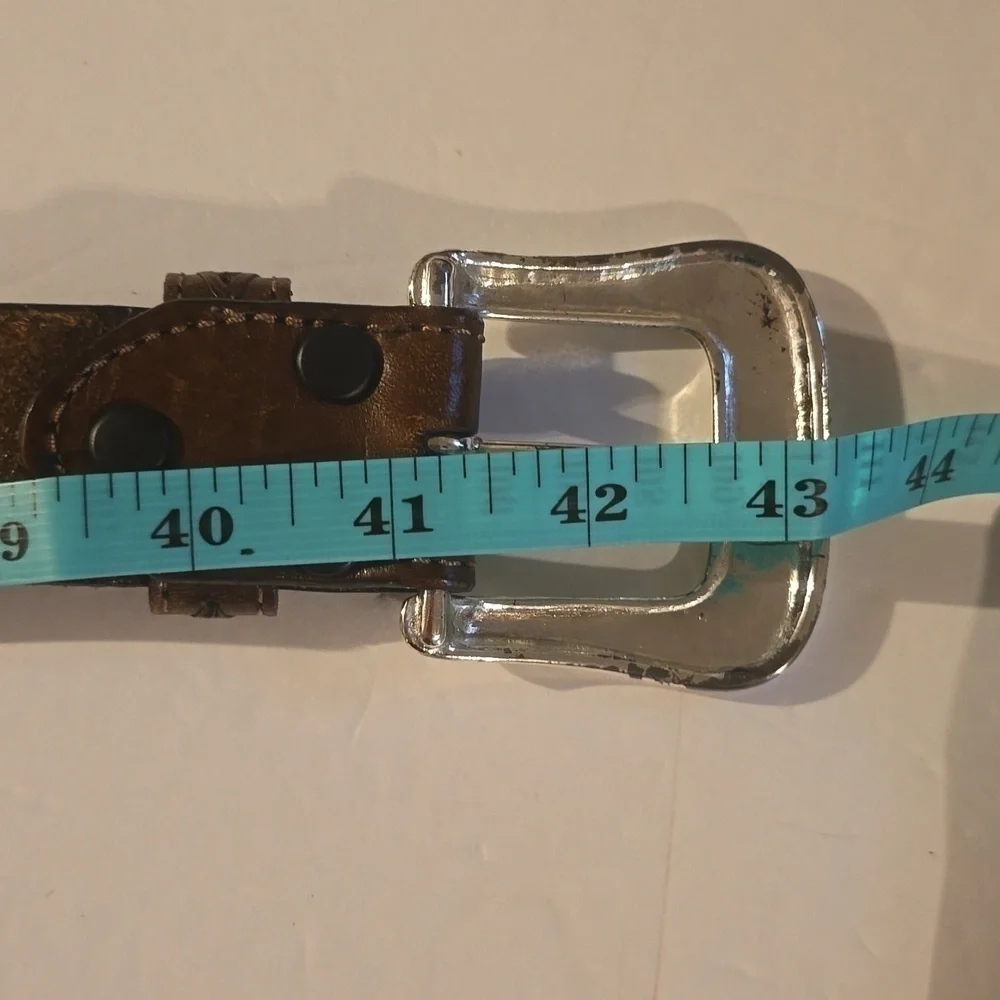Vintage Western Belt Brown Top Grain Leather Woven detail Silver emblem Sz.L